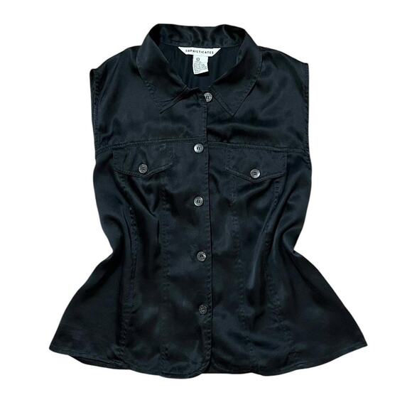 VTG 90s Sophisticates Washed Black Silk Button Up Sleeveless Collared Vest Top L - Picture 1 of 8